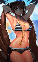 Rule 34 | 10s, 1girl, armpits, arms behind head, arms up, bangle, beach, bikini, black bikini, blade &amp; soul, bracelet, breasts, brown eyes, brown hair, cain (grt1125), character request, collarbone, day, hair between eyes, hair ornament, hair scrunchie, jewelry, long hair, looking at viewer, matching hair/eyes, medium breasts, navel, open mouth, outdoors, scrunchie, solo, striped bikini, striped clothes, swimsuit, twintails, very long hair, water