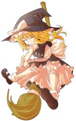 Rule 34 | 1girl, alphes (style), apron, black dress, black hair, blonde hair, bow, braid, broom, broom riding, dairi, dress, closed eyes, full body, grin, hat, hat bow, kirisame marisa, parody, pointing, pointing at viewer, puffy sleeves, sash, shirt, short sleeves, single braid, smile, solo, style parody, touhou, transparent background, waist apron, witch hat