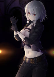 Rule 34 | 1girl, alternate costume, belt, black background, black gloves, black jacket, black pants, braid, breasts, cleavage, commentary request, crop top, cross, cross necklace, gloves, grey shirt, groin, hair between eyes, hand up, high collar, highres, izayoi sakuya, jacket, jewelry, long sleeves, medium breasts, midriff, navel, necklace, noe noel, open clothes, open jacket, pants, red eyes, shirt, silver hair, solo, stomach, studded belt, thighs, touhou, twin braids