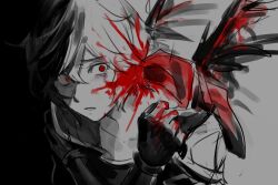 Rule 34 | 1boy, ahoge, bishounen, blood, blood on clothes, blood on face, blood on hands, blood splatter, clenched hand, commentary, commentary request, cowboy shot, empty eyes, gloves, granblue fantasy, greyscale, guro, hair between eyes, hood, hood down, limited palette, messy hair, monochrome, parted lips, red eyes, sandalphon (granblue fantasy), scared, short hair, sketch, spot color, tekki (tki), upper body