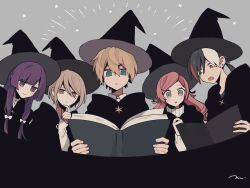 Rule 34 | 2boys, 3girls, black hair, blonde hair, blue eyes, blush stickers, book, bow, brown hair, cloak, commentary request, earrings, frown, grey background, grey eyes, hair bow, hair ornament, hairclip, hat, holding, holding book, jewelry, long hair, long sleeves, low ponytail, maco22, multicolored hair, multiple boys, multiple girls, open mouth, original, pink hair, purple eyes, purple hair, red eyes, red hair, short hair, smile, star (symbol), streaked hair, sweater, white hair, witch, witch hat, yellow eyes