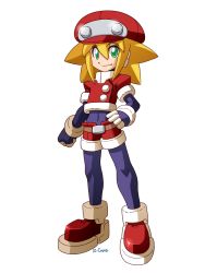 Rule 34 | 1girl, ankle boots, blonde hair, bodysuit, boots, flat chest, gloves, green eyes, hand on own hip, hat, mega man (series), mega man legends (series), mega man zx, mega man zx advent, parody, rcasedrawsstuff, red shorts, roll caskett (mega man), shorts, signature, smile, solo, spandex, style parody