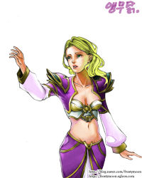 Rule 34 | blonde hair, breasts, cleavage, dress, green eyes, jacket, jaina proudmoore, korean text, long hair, midriff, navel, warcraft, world of warcraft