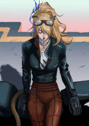 Rule 34 | 1girl, animal ears, arknights, artist name, black gloves, black jacket, blonde hair, breasts, brown pants, cigarette, closed eyes, cowboy shot, dated, day, ear piercing, facing viewer, gloves, goggles, goggles on head, highres, jacket, jewelry, lion ears, long hair, long sleeves, motor vehicle, motorcycle, mouth hold, necklace, outdoors, pants, piercing, siege (arknights), smoking, solo, standing, vicious-xuan