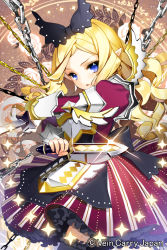 Rule 34 | 1girl, :o, armor, bad id, bad pixiv id, blonde hair, blue eyes, bow, breastplate, chain, cherrypin, dress, dual wielding, hair bow, holding, knife, long hair, looking at viewer, original, pointy ears, solo, soukoku no regalia, striped, vertical stripes, watermark