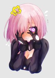 Rule 34 | 1girl, absurdres, black bodysuit, blush, bodysuit, breasts, cleavage, cleavage cutout, closed mouth, clothing cutout, covering face, cropped torso, fate/grand order, fate (series), grey background, harukappa, highres, looking at viewer, mash kyrielight, medium breasts, medium hair, pink eyes, pink hair, solo, straight hair, sweatdrop, upper body