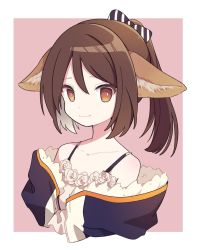 Rule 34 | 1girl, animal ears, arknights, blue jacket, border, bow, brown eyes, brown hair, collarbone, dress, fox ears, hair between eyes, hair bow, highres, jacket, long hair, looking at viewer, off shoulder, outside border, perfumer (arknights), pink background, ponytail, smile, solo, spaghetti strap, striped, striped bow, upper body, white border, white dress, yukijiro