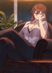 Rule 34 | 1girl, black pants, bra, bra peek, breasts, brown hair, chair, cleavage, commentary request, crossed legs, elbow rest, hair between eyes, head rest, highres, jewelry, large breasts, long hair, lounge chair, mashuu (neko no oyashiro), necklace, night, oomikado aoi, original, pants, partially unbuttoned, purple eyes, shirt, sitting, solo, straight hair, underwear, white shirt, window