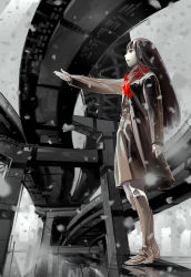 Rule 34 | 1girl, black eyes, black hair, highres, highway, jacket, long hair, original, outstretched arm, outstretched hand, overpass, pomodorosa, red scarf, scar, scarf, snow, solo, standing, winter, winter clothes