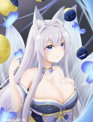 Rule 34 | 1girl, animal ear fluff, animal ears, artist name, azur lane, bare shoulders, blue butterfly, blue collar, blue eyes, blue kimono, blue sash, breasts, bug, butterfly, butterfly on hand, cleavage, collar, detached collar, feather boa, fox ears, fox girl, hand on own chest, harasaki, highres, insect, japanese clothes, kimono, kitsune, kyuubi, large breasts, large tail, long hair, moon phases, multiple tails, off shoulder, sash, shinano (azur lane), solo, tail, upper body, white hair, white tail, wide sleeves