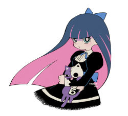 Rule 34 | 1girl, artist name, ayu (mog), black dress, blue bow, blue eyes, blue ribbon, blunt bangs, bow, closed mouth, collared shirt, colored inner hair, commentary request, dress, floating hair, hair bow, hime cut, holding, honekoneko (psg), juliet sleeves, long hair, long sleeves, looking at viewer, multicolored hair, neck ribbon, panty &amp; stocking with garterbelt, pink hair, puffy sleeves, ribbon, ringed eyes, shirt, simple background, solo, stocking (psg), stuffed animal, stuffed cat, stuffed toy, two-tone hair, white background