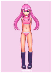 Rule 34 | 1girl, boots, female focus, full body, long hair, midriff, pink background, pinup (style), purple hair, ryu (ryu&#039;s form site), shoes, simple background, solo