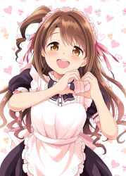 Rule 34 | 1girl, apron, black bow, black bowtie, black dress, blush, bow, bowtie, breasts, brown eyes, brown hair, dekosuke, dot nose, dress, frilled apron, frilled dress, frills, hair bow, hair ribbon, hands up, heart, heart background, heart hands, idolmaster, idolmaster cinderella girls, idolmaster cinderella girls starlight stage, long hair, looking at viewer, maid, maid apron, maid headdress, medium breasts, one side up, open mouth, pink ribbon, ribbon, shimamura uzuki, short sleeves, smile, solo, teeth, upper teeth only, white apron, white background