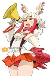 Rule 34 | 1girl, absurdres, aono3, beige shirt, blush, breasts, character name, cowboy shot, feathers, frilled sleeves, frills, head wings, highres, japanese crested ibis (kemono friends), japari symbol, kemono friends, light brown hair, looking afar, megaphone, music, outline, panties, pantyshot, pleated skirt, red feathers, red hair, red panties, red skirt, shiny skin, short hair, short hair with long locks, sidelocks, simple background, singing, skirt, small breasts, solo, standing, teeth, thighs, tongue, underwear, white background, wings, yellow eyes