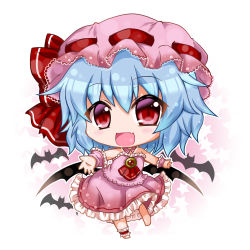Rule 34 | 1girl, :d, adapted costume, ankle cuff, ankle cuffs, ascot, bad id, bad pixiv id, bare shoulders, bat (animal), bat wings, blue hair, blush, brooch, chibi, dress, fang, gradient background, hat, hat ribbon, jewelry, looking at viewer, mob cap, noai nioshi, open mouth, red eyes, remilia scarlet, ribbon, short hair, skirt, skirt set, sleeveless, sleeveless dress, smile, solo, touhou, wings, wrist cuffs