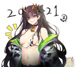 Rule 34 | 2021, 2girls, anger vein, animal ears, animal print, bare shoulders, bell, bikini, black choker, blonde hair, breast conscious, breasts, chinese zodiac, choker, collar, collarbone, commentary request, cow ears, cow print, cowbell, ereshkigal (fate), fate/grand order, fate (series), green jacket, hair ornament, hair ribbon, hands on own hips, horns, ishtar (fate), jacket, long hair, looking at viewer, luobo (nsnr8754), medium breasts, multiple girls, navel, neck bell, o-ring, o-ring bikini, o-ring top, off shoulder, open clothes, open jacket, open shorts, parted bangs, print jacket, red eyes, ribbon, shaded face, shorts, stomach, swimsuit, twintails, two side up, upper body, year of the ox