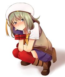 Rule 34 | 10s, 1girl, arm support, belt, belt pouch, blue eyes, blue gloves, blush, erina der vogelweid, fingerless gloves, frown, gloves, god eater, god eater 2: rage burst, green hair, hat, koutakunnohito, long hair, looking at viewer, pleated skirt, pouch, red gloves, red thighhighs, school uniform, shadow, skirt, solo, squatting, sweater vest, thighhighs