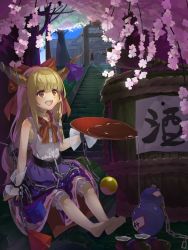 Rule 34 | 1girl, alcohol, barefoot, blonde hair, bloomers, blunt bangs, bow, chain, cherry blossoms, cup, flower, gourd, hair bow, highres, horn ornament, horn ribbon, horns, ibuki suika, long hair, looking ahead, open mouth, piyodesu, purple theme, red bow, red eyes, red neckwear, ribbon, sakazuki, sake, shoes, unworn shoes, sitting, sleeveless, smile, solo, solo focus, spilling, stairs, teeth, touhou, translation request, tree, underwear, upper teeth only, weights