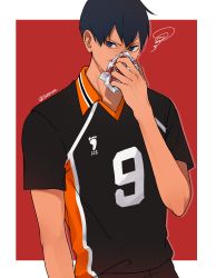 Rule 34 | 1boy, 5600cm, absurdres, black hair, bleeding, blood, border, covering own mouth, haikyuu!!, highres, huge filesize, kageyama tobio, looking at viewer, male focus, red background, short hair, simple background, solo, sportswear, standing, twitter username, volleyball uniform