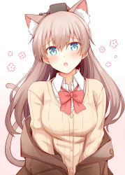 Rule 34 | 1girl, animal ears, blue eyes, blush, bow, bowtie, breasts, brown hair, brown jacket, cat ears, cat tail, collared shirt, jacket, kantai collection, kumano (kancolle), long hair, long sleeves, looking at viewer, medium breasts, off shoulder, ponytail, red bow, red bowtie, revision, rui shi (rayze ray), shirt, solo, tail, upper body, white shirt