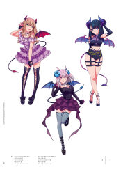 3girls arm_up bat_wings black_hair blue_eyes boots breasts brown_hair crossed_legs demon_horns demon_tail dress fake_horns fake_tail fake_wings fingerless_gloves full_body gloves green_eyes grey_thighhighs gridman_universe high_heels highleg highleg_buruma highres horns large_breasts long_hair looking_at_viewer medium_hair minami_yume multiple_girls nail_polish navel official_art pink_eyes platform_boots purple_dress purple_hair purple_skirt shinjou_akane skirt smile ssss.dynazenon ssss.gridman standing standing_on_one_leg tail takarada_rikka thigh_boots thigh_strap thighhighs wings