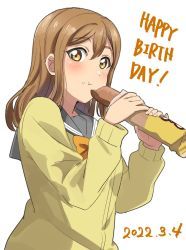 Rule 34 | 1girl, artist name, artist request, blush, bow, bowtie, bread, bread slice, breasts, brown eyes, brown hair, buttons, cardigan, collarbone, dated, eyebrows, female focus, food, food on face, grey sailor collar, hair between eyes, highres, holding, holding food, kunikida hanamaru, light brown hair, long hair, long sleeves, looking at viewer, love live!, love live! sunshine!!, nail, nail polish, orange bow, parted lips, sailor collar, school uniform, skirt, sleeves past wrists, smile, solo, sweater, upper body, uranohoshi school uniform, vest, white background, yellow cardigan, yellow eyes, yellow sweater