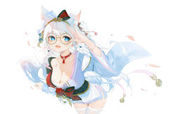 Rule 34 | 1girl, absurdres, animal ears, bell, blue eyes, blue kimono, bracelet, breasts, cat ears, choker, cleavage, collarbone, copyright request, cowboy shot, de yi, diadem, falling petals, fang, floating hair, flower, glasses, hand up, heart, heart-shaped pupils, highres, japanese clothes, jewelry, jingle bell, kimono, large breasts, leaning forward, long hair, long sleeves, looking at viewer, obi, open mouth, original, petals, red choker, red flower, red rose, rose, round eyewear, sash, short kimono, short yukata, simple background, skin fang, smile, solo, standing, symbol-shaped pupils, thighhighs, very long hair, white background, white hair, white thighhighs, wide sleeves, yukata