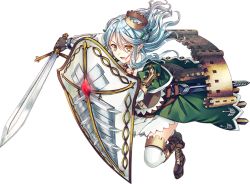 Rule 34 | 1girl, blue hair, boots, breasts, conwy (oshiro project), cross-laced footwear, crown, dress, full body, gloves, green dress, holding, holding shield, holding sword, holding weapon, lace-up boots, large breasts, light blue hair, long hair, official art, oshiro project:re, oshiro project:re, saijou haruki, shield, solo, sword, transparent background, weapon, yellow eyes