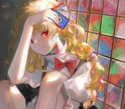 Rule 34 | 100th black market, 1girl, black vest, blonde hair, bow, card, closed mouth, commentary request, full body, highres, holding, holding card, kirisame marisa, knees up, long hair, looking at viewer, maitenn03, mini-hakkero, no headwear, puffy short sleeves, puffy sleeves, red bow, red eyes, shirt, shirt bow, short sleeves, solo, stained glass, touhou, turtleneck, vest, white shirt, window