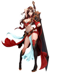 Rule 34 | 1girl, absurdres, arm up, asymmetrical clothes, asymmetrical footwear, boots, breasts, brown eyes, brown hair, cleavage, closed mouth, daeho cha, fingernails, full body, greatsword, hand on own hip, head tilt, high heels, highres, holding, holding sword, holding weapon, huge weapon, knee boots, large breasts, long fingernails, long hair, looking at viewer, matching hair/eyes, mismatched footwear, nail polish, navel, original, realistic, red nails, simple background, single knee boot, single thigh boot, solo, sword, thigh boots, thighhighs, weapon, white background