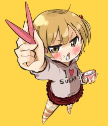 Rule 34 | bad id, bad pixiv id, bowl, brown eyes, brown hair, casual, chopsticks, food, food in mouth, food on face, maromi (am97), marui mitsuba, mitsudomoe, perspective, rice, rice bowl, short hair, short twintails, striped clothes, striped thighhighs, thighhighs, twintails