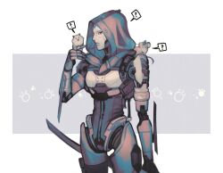 Rule 34 | 1girl, 47 lall, ?, android, animal, animal on hand, animal on shoulder, apex legends, ash (titanfall 2), black sclera, blue leotard, colored sclera, hood, hood up, hooded leotard, korean commentary, leotard, metal skin, mouse (animal), paw print, solo, spoken question mark, yellow eyes