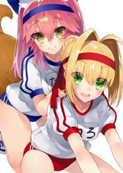 Rule 34 | 10s, 2girls, ahoge, animal ears, assisted stretching, blonde hair, blue buruma, blue hairband, blush, buruma, fate/extra, fate/grand order, fate (series), fox ears, fox tail, green eyes, gym shirt, gym uniform, hair between eyes, hair intakes, hairband, hands on another&#039;s shoulders, highres, kneeling, kou mashiro, long hair, looking at viewer, multiple girls, name tag, nero claudius (fate), nero claudius (fate) (all), nero claudius (fate/extra), nero claudius (olympian bloomers) (fate), official alternate costume, open mouth, pink hair, red buruma, red hairband, shirt, shoes, sidelocks, simple background, sitting, smile, sneakers, stretching, tail, tamamo (fate), tamamo no mae (fate/extra), thighs, twintails, white background, white shirt, yellow eyes