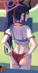 Rule 34 | 1girl, absurdres, alternate costume, alternate hairstyle, ass, black bra, black choker, black hair, black horns, blue archive, blurry, blurry background, bra, bra visible through clothes, buruma, chiaki (blue archive), choker, commentary, from behind, gubbi on, gym shirt, gym uniform, hair ribbon, halo, highres, horns, korean commentary, long hair, looking at viewer, looking back, pink halo, pointy ears, ponytail, red buruma, red eyes, red ribbon, ribbon, see-through, see-through shirt, shirt, solo, sweat, underwear