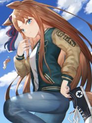 Rule 34 | 1girl, :t, absurdres, animal ears, blue eyes, blush, brown hair, candy wrapper, closed mouth, cloud, denim, grass wonder (umamusume), highres, holding, holding shoes, horse ears, horse girl, horse tail, jacket, jeans, knee up, letterman jacket, long hair, long sleeves, looking at viewer, outdoors, pants, pinponpaaru, shirt, shoes, sneakers, solo, tail, umamusume, white shirt