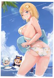 Rule 34 | 3girls, :d, alternate costume, arms up, ass, bare arms, bare back, bare shoulders, beach, bikini, bird, blonde hair, blue bow, blue eyes, blue hair, blue sky, board, bow, breasts, butt crack, closed eyes, cloud, day, fang, fang out, flat chest, gawr gura, hair bow, hair ornament, halterneck, highres, hololive, hololive english, in water, light blue hair, light blush, long hair, looking at viewer, looking back, medium breasts, medium hair, monocle, multicolored hair, multiple girls, ninomae ina&#039;nis, nonoririn, one eye closed, open mouth, outdoors, palm tree, pineapple print, side-tie bikini bottom, sideboob, sky, smile, strapless, strapless bikini, streaked hair, sunlight, swimsuit, tankini, tentacles, tree, two-tone hair, virtual youtuber, wading, water, watson amelia, wet, wet clothes, wet hair, wet swimsuit, white bikini