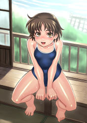 Rule 34 | 1girl, barefoot, blush, breasts, brown eyes, brown hair, cameltoe, covered erect nipples, full body, looking at viewer, one-piece swimsuit, school swimsuit, small breasts, solo, swimsuit, tagme, yasuomi