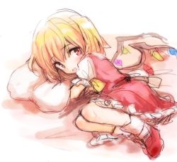 Rule 34 | 1girl, ascot, bed sheet, blonde hair, blush, flandre scarlet, frills, furorida, indoors, legs together, lying, mary janes, hugging object, on side, open mouth, pillow, pillow hug, puffy short sleeves, puffy sleeves, red eyes, ribbon, shadow, shoes, short sleeves, side ponytail, sketch, skirt, skirt set, socks, solo, tareme, touhou, white background, wings