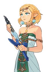 Rule 34 | 1girl, aqua eyes, armlet, bare shoulders, blonde hair, bracelet, braid, breasts, circle, closed mouth, collarbone, cowboy shot, dress, earrings, highres, holding, holding sword, holding weapon, jewelry, kevin hong, master sword, medium breasts, multicolored clothes, multicolored dress, nintendo, pendant choker, pointy ears, princess zelda, short hair, side braids, solo, strapless, strapless dress, sword, the legend of zelda, the legend of zelda: tears of the kingdom, thick eyebrows, weapon, white background