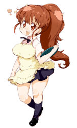 Rule 34 | 1girl, apron, breasts, brown eyes, brown hair, large breasts, long hair, looking at viewer, open mouth, ponytail, randou, simple background, skirt, smile, solo, taneshima popura, waitress, white background, working!!