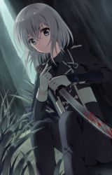 Rule 34 | 10s, 1boy, against tree, black necktie, blood, forest, gloves, grey eyes, hair between eyes, highres, holding, holding sword, holding weapon, honebami toushirou, male focus, nature, necktie, outdoors, remoyona, short hair, silver hair, sitting, solo, sword, touken ranbu, tree, weapon, white gloves