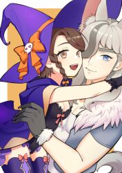 Rule 34 | 1boy, 1girl, :d, alternate costume, arven (pokemon), black gloves, black leotard, blue eyes, bow, braid, breasts, brown eyes, brown hair, cape, cleavage, commentary request, creatures (company), eyelashes, from side, game freak, gloves, halloween, hat, hat bow, highres, juliana (pokemon), leotard, maroro (981tomo), nintendo, open mouth, orange bow, pokemon, pokemon sv, purple cape, purple headwear, purple thighhighs, small breasts, smile, teeth, thighhighs, upper teeth only, witch hat