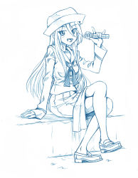 Rule 34 | 1girl, bbb (friskuser), blouse, blue theme, commentary, crossed legs, dixie cup hat, flint (girls und panzer), girls und panzer, hat, highres, holding, holding microphone, loafers, long hair, long skirt, long sleeves, looking at viewer, microphone, military hat, monochrome, \\n/, neckerchief, no legwear, ooarai naval school uniform, open mouth, pleated skirt, sailor, sailor collar, school uniform, shirt, shoes, side slit, sitting, skirt, smile, tilted headwear