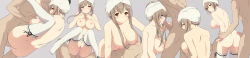 Rule 34 | 10s, 1boy, 1girl, amagi brilliant park, blush, breasts, brown hair, cait aron, censored, fellatio, grabbing, grabbing another&#039;s breast, grabbing from behind, grey background, hetero, highres, huge breasts, long image, mosaic censoring, nipples, open mouth, oral, penis, pussy, pussy juice, sento isuzu, sequential, sex, short hair, simple background, thighhighs, towel, towel on head, vaginal, white thighhighs, wide image