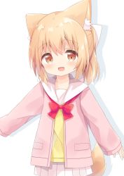Rule 34 | 1girl, :d, absurdres, animal ear fluff, animal ears, blush, bow, brown eyes, commentary request, drop shadow, hair between eyes, highres, jacket, light brown hair, long sleeves, looking at viewer, nakkar, open clothes, open jacket, open mouth, original, pink jacket, pleated skirt, red bow, sailor collar, school uniform, serafuku, shirt, skirt, sleeves past wrists, smile, solo, tail, white background, white sailor collar, white skirt, yellow shirt