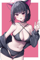 Rule 34 | 1girl, absurdres, animal ears, bare legs, bare shoulders, bikini, black bikini, black hair, black jacket, blue archive, blush, breasts, cat ears, cleavage, collarbone, colored inner hair, cowboy shot, extra ears, fangs, hair ornament, hairclip, highres, jacket, kazusa (blue archive), large breasts, long sleeves, looking at viewer, metaljelly, multicolored hair, navel, o-ring, o-ring bikini, open mouth, pink hair, red eyes, short hair, smile, solo, swimsuit, v