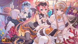 Rule 34 | 3girls, absurdres, black nails, black thighhighs, blonde hair, blue hair, blush, breasts, brown hair, candy, cleavage, coral, costume, couch, dress, fish, food, gloves, hair ornament, halloween, halloween costume, headset, highres, holding, holding candy, holding food, horns, houchi shoujo, indoors, large breasts, long hair, multicolored hair, multiple girls, nail polish, pumpkin, red hair, sitting, skirt, skirt set, smile, star (symbol), star hair ornament, teffish, thighhighs, tropical fish, two-tone hair, white thighhighs