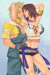 Rule 34 | 00s, 1boy, 1girl, arms up, blonde hair, grabbing another&#039;s breast, breasts, brown hair, cleavage, couple, eye contact, final fantasy, final fantasy x, final fantasy x-2, grabbing, hetero, highres, linart, looking at another, short shorts, shorts, tidus, yuna