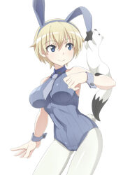 Rule 34 | animal ears, bare shoulders, blonde hair, blue eyes, blue leotard, blush, brave witches, breasts, closed mouth, covered navel, fake animal ears, fake tail, large breasts, leotard, nanashino, necktie, nikka edvardine katajainen, pantyhose, playboy bunny, rabbit ears, rabbit tail, short hair, simple background, smile, tail, weasel, white background, white pantyhose, world witches series