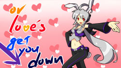 Rule 34 | 1girl, animal ears, bad id, bad pixiv id, dancing, detached sleeves, english text, female focus, gradient background, hand on own hip, heart, hip focus, hourou, long hair, lyrics, maru-toku series, navel, necktie, open mouth, outstretched arm, rabbit ears, rabbit tail, red eyes, silver hair, solo, tail, vocaloid, yowane haku